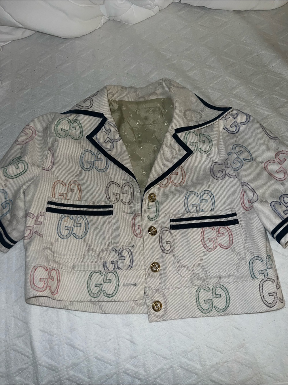 Gucci Cream GG Multicolor Monogram Cropped Blazer with Navy Trim